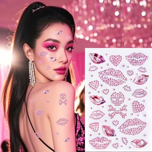 Red-Pink Kiss Face Gems Self-Adhesive Face Stickers for Makeup & Rave