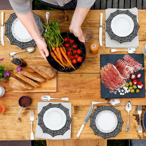Spider Web Halloween Placemats Set of 8 - Black Round Table Mats, Heat-Resistant