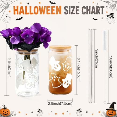 White Purple Ghost Glass Cups with Lids & Straws - Halloween Gift Set (2-Pack)