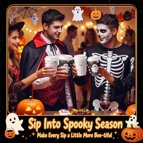 Halloween Ghost Coffee Cups Set - 48 Disposable 8 oz Cups with Lids & Sleeves - Black & White Variation