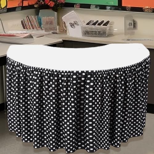 Black and White Polka Dot Table Skirt for Teacher Desks - 165 x 30 Inches, Elegant Style