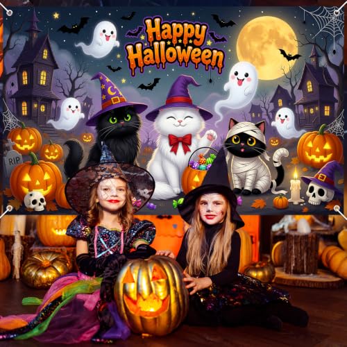 Mocsicka Cute Boo Cats Halloween Backdrop Banner 6x3.6ft for Kids Party