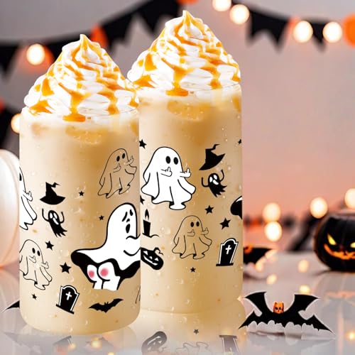 16oz Halloween Ghost Glass Cups with Lids & Straws - Cute Ghost Pattern, Gift Box Included