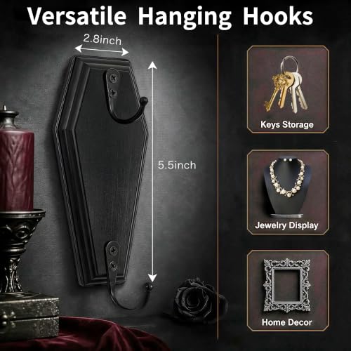 Gothic Coffin Wall Decor with 8 Hooks - Rustic Black Key Holder Set