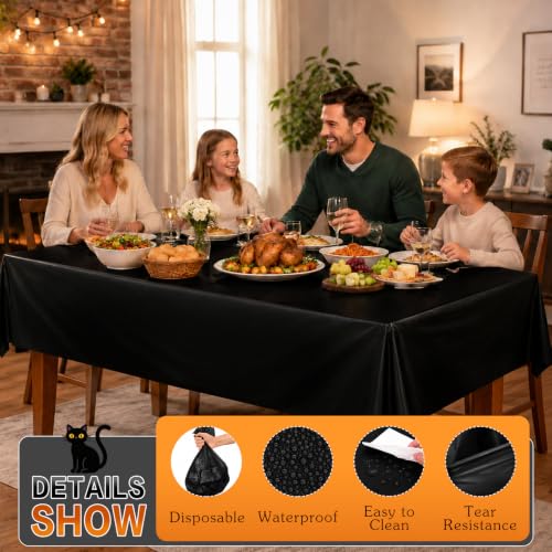 Black Disposable Tablecloths 12 Pack for 6ft Rectangular Tables - Halloween Party Supplies