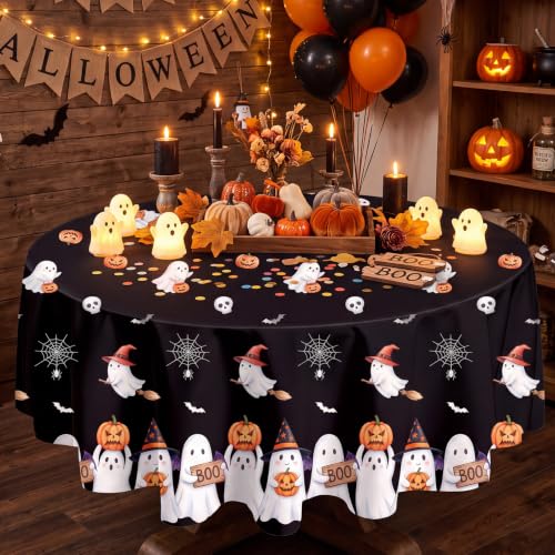 Halloween Round Tablecloth 84 Inch Ghost Pattern - 3 Pack Fall Plastic Cover for Parties