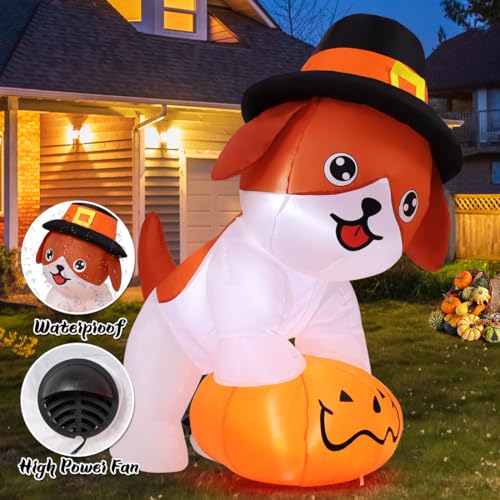 Inflatable Thanksgiving Dog Decor with Pumpkin & Pilgrim Hat, LED Lights - 5.2 FT Outdoor Yard Decoration