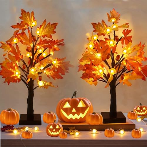 Lighted Fall Maple Tree Set - 2 Pack USB & Battery Operated Autumn Decor