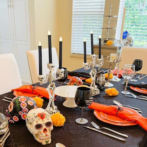 White Skeleton Candelabra with Black LED Candles Set - Gothic Halloween Decor