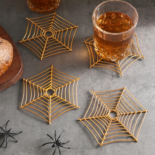 Halloween Coasters Set - Metal Spider Web Brass Drink Mats, 4 Pack