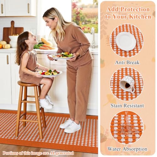 Fall Kitchen Rugs Set of 3 - Checkered Orange Autumn Runner Mats, Washable, Non-Slip