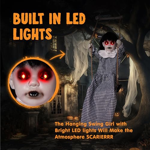Halloween Outdoor Hanging Swing Girl Decor with Creepy Sound and Light-Up Eyes