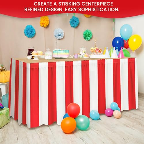 4 Pack Red and White Striped Carnival Table Skirts 14ft x 30in for Party Decorations - Variation of 4