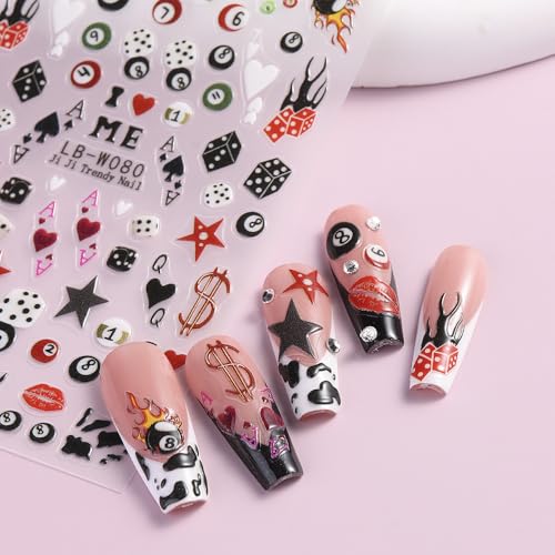 Cartoon Pool & Dice Nail Art Stickers - 4 Sheets 5D Embossed Self-Adhesive