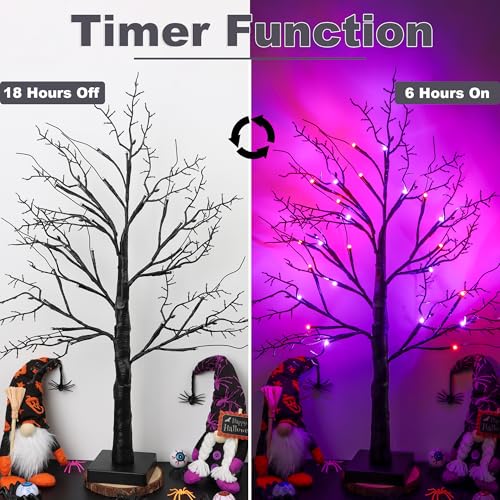 Halloween Black Tree with Orange & Purple Lights - 24 Inch Indoor Decor, Timer & USB Operated, Spooky Tabletop Decoration, 2 Pack