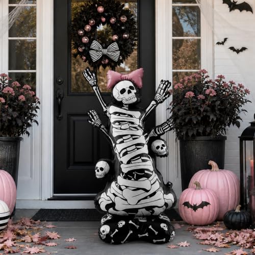3.5FT Self-Standing Skeleton Balloon with Pink Bow Halloween Indoor Outdoor Decor - 1 PCS