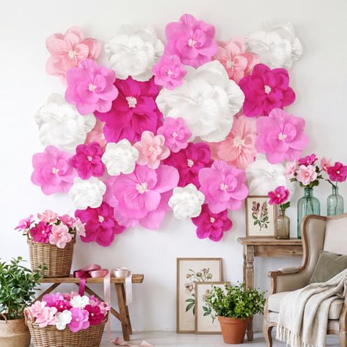 Pink Gradient 48 Pcs Giant Paper Flower Set - Large, Medium & Small Artificial Flowers for Party Decor
