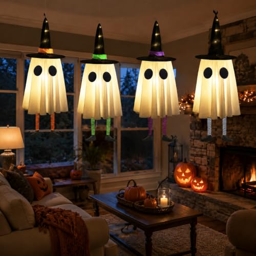 Medium Ghost Halloween Decoration with Witch Hat, Outdoor Ghost Lights