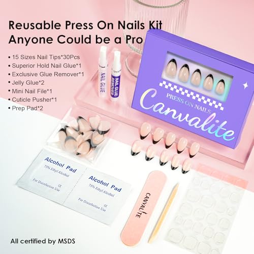 Black French Tip Press On Nails - Short Almond Fake Nails with Glue & Remover, Reusable Manicure Kit