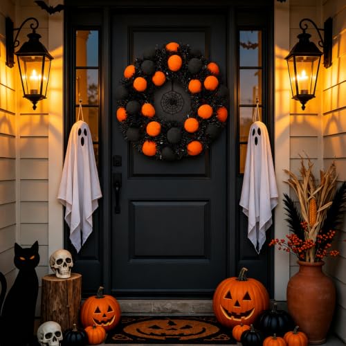 18-Inch Halloween Wreath for Front Door - Black & Orange, Foldable Halloween Decor