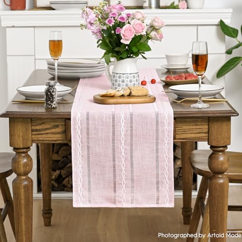 Pink Rustic Cotton Linen Table Runner - 13x72 Inch Seasonal Embroidered Home Decor