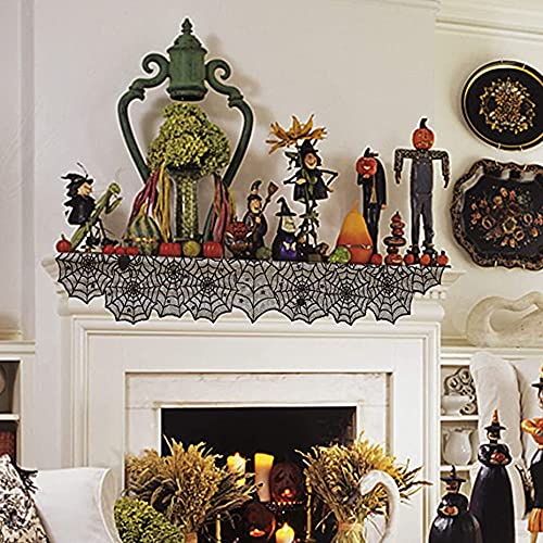 Black Halloween Table Runner 6 Pieces 18x72 Inches - Spider Web Lace Decor