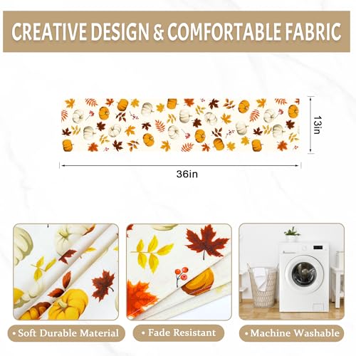 Fall Thanksgiving Table Runner - Rustic Pumpkin & Maple Leaves, Orange 13x36 Inch, Machine Washable