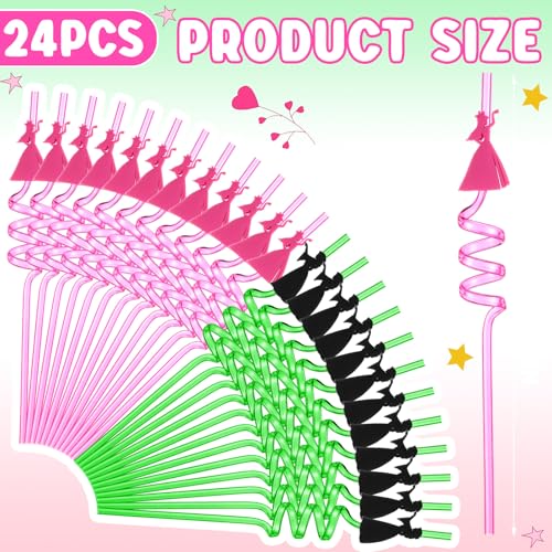 Reusable Witch and Princess Party Straws - Pink & Green Plastic Drinking Straws Bulk Set