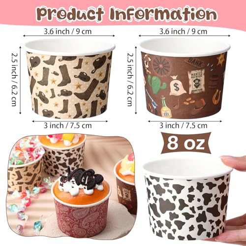 100 Pack Western Cowboy Ice Cream Paper Cups 8 oz Dessert Bowls