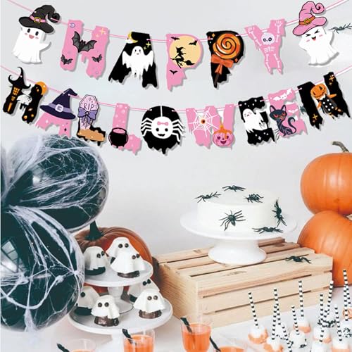 Pink Halloween Banner Set for Party Decorations - Ghost, Pumpkin, Bat, Witch Themes