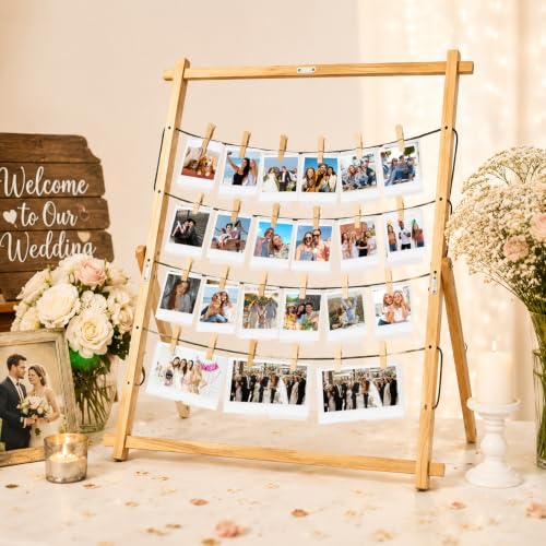 Wood Photo Display Board with Clips - Freestanding Collage Frame for Wedding Graduation Holiday