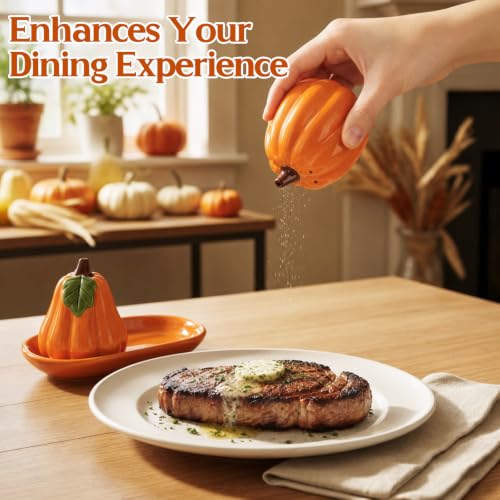 Fall Pumpkin Salt and Pepper Shaker Set with Tray - Ceramic, Variation of Pumpkin
