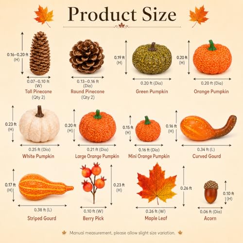 Fall Decor Set with Artificial Pumpkins Gourds and Leaves - Orange & Brown, 96 Pieces