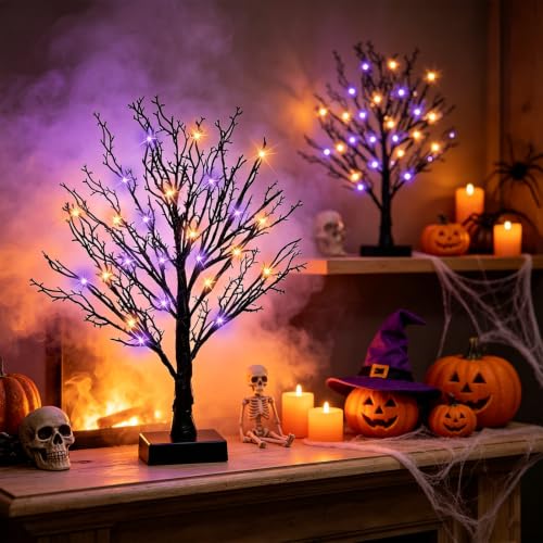 Halloween Decor Indoor 2 Pack 24-Inch Black Halloween Trees with Orange & Purple LED Lights - USB & Battery Powered, Spooky Twig Trees with Timer
