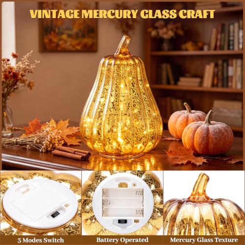 Set of 4 Glass Pumpkin Lights for Fall Halloween Decoration - Autumn Decor