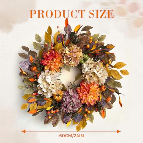 24-Inch Autumn Front Door Wreath with Hydrangea, Dalia and Pumpkins - Fall Decor