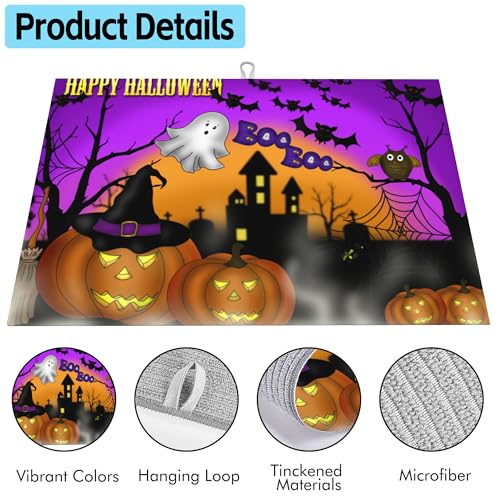 Halloween-3 Large Dish Drying Mat for Kitchen Counter, Scary Night Design, Super Absorbent Reversible Microfiber, 18x24 Inches
