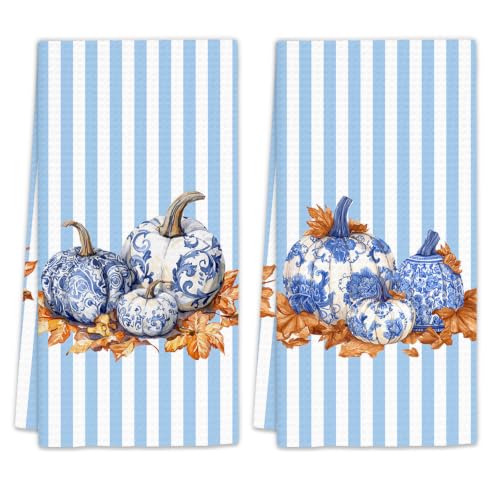 Blue Pumpkin Kitchen Towels Set of 2 - Chinoiserie Fall Dish Towels