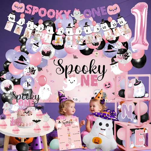 Halloween First Birthday Decorations Girl Pink Spooky Party Pack with Banner Balloons