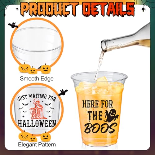 Halloween Clear Plastic Cups 12 oz - 100 Pcs Spooky Party Drinkware with Pumpkin Ghost Witch Hat Skull Pattern - Variation: Halloween