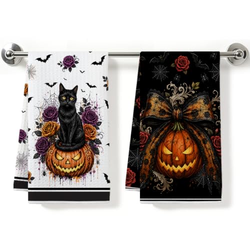 Halloween Kitchen Towels - Black Cat Design, 2 Pack, Absorbent Microfiber, 14x24 Inches - Multi 1672