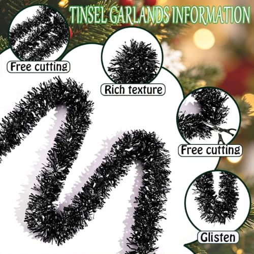 Black Christmas Tinsel Garland - 33FT Shiny Metallic Wavy Foil Decor