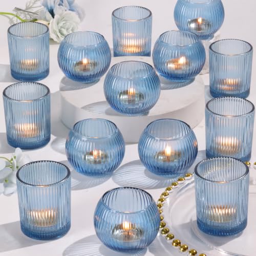 30 Pcs Blue Ribbed Glass Votive Candle Holders Set - Assorted Shapes for Home & Events