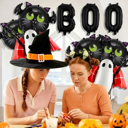 Halloween Balloons Set with Ghost Bat Boo Decorations, Reusable Foil Party Supplies