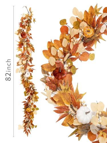 White Pumpkin with Red Willow Leaves Fall Garland 6.8FT Autumn Decor for Home Thanksgiving Halloween