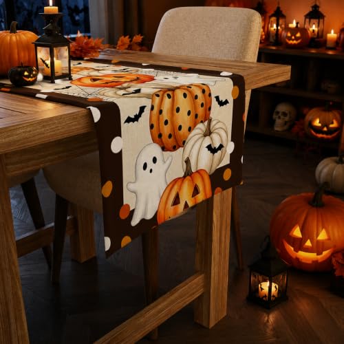 Halloween Ghost Pumpkin Table Runner - Orange White Brown Holiday Decor