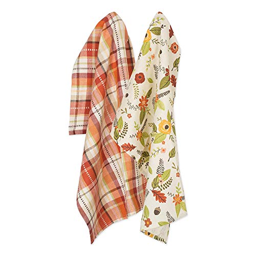 Fall Plaid Dishtowel Set - 2 Cotton Kitchen Towels 18x28 with Floral Design
