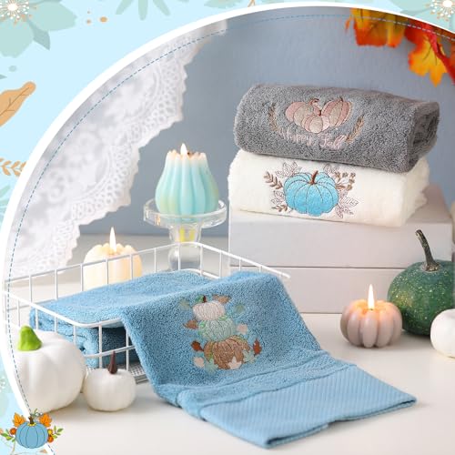 FuWeave Blue White Fall Pumpkin Hand Towels Set - Halloween Bathroom Decor