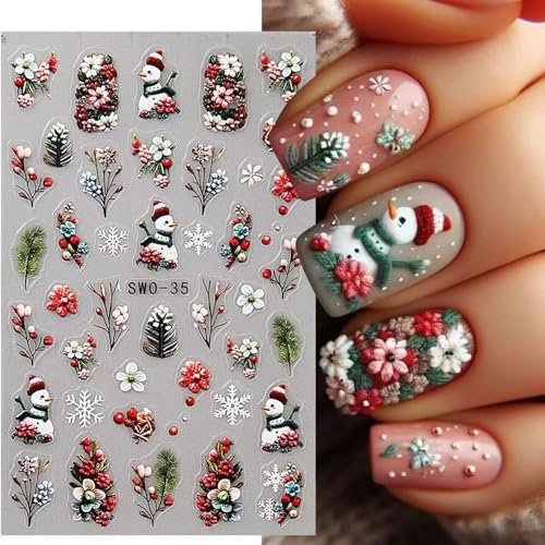 Christmas Nail Stickers 5D Embossed Snowman Tree Holiday Decals for Nails - 4 Sheets