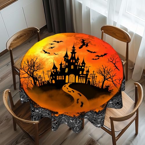 Halloween Round Tablecloth 60 Inch Vintage Castle Bats Web Polyester for Party & Outdoor